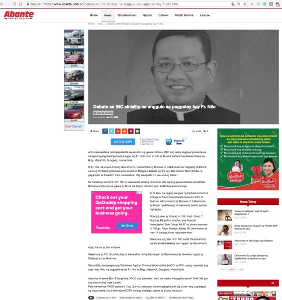 [2018.06.12] Abante News Report - INC Debate eyed as an angle for the slay of Catholic Priest