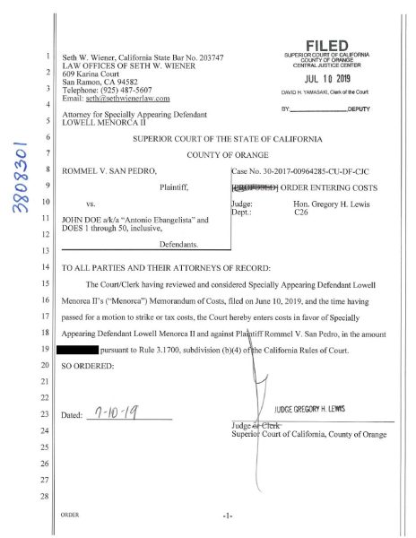 Order Entering Costs against Rommel V. San Pedro, Orange County Superior Court, July 10, 2019