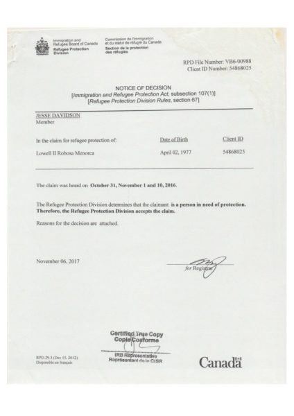IRB Canada Notice of Decision, file VB6-00988, claim accepted